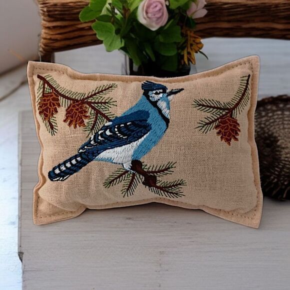 Embroidered Blue Jay MINI Pillow Sachet Farmhouse Cottage Bird Country Cabin - Picture 14 of 15